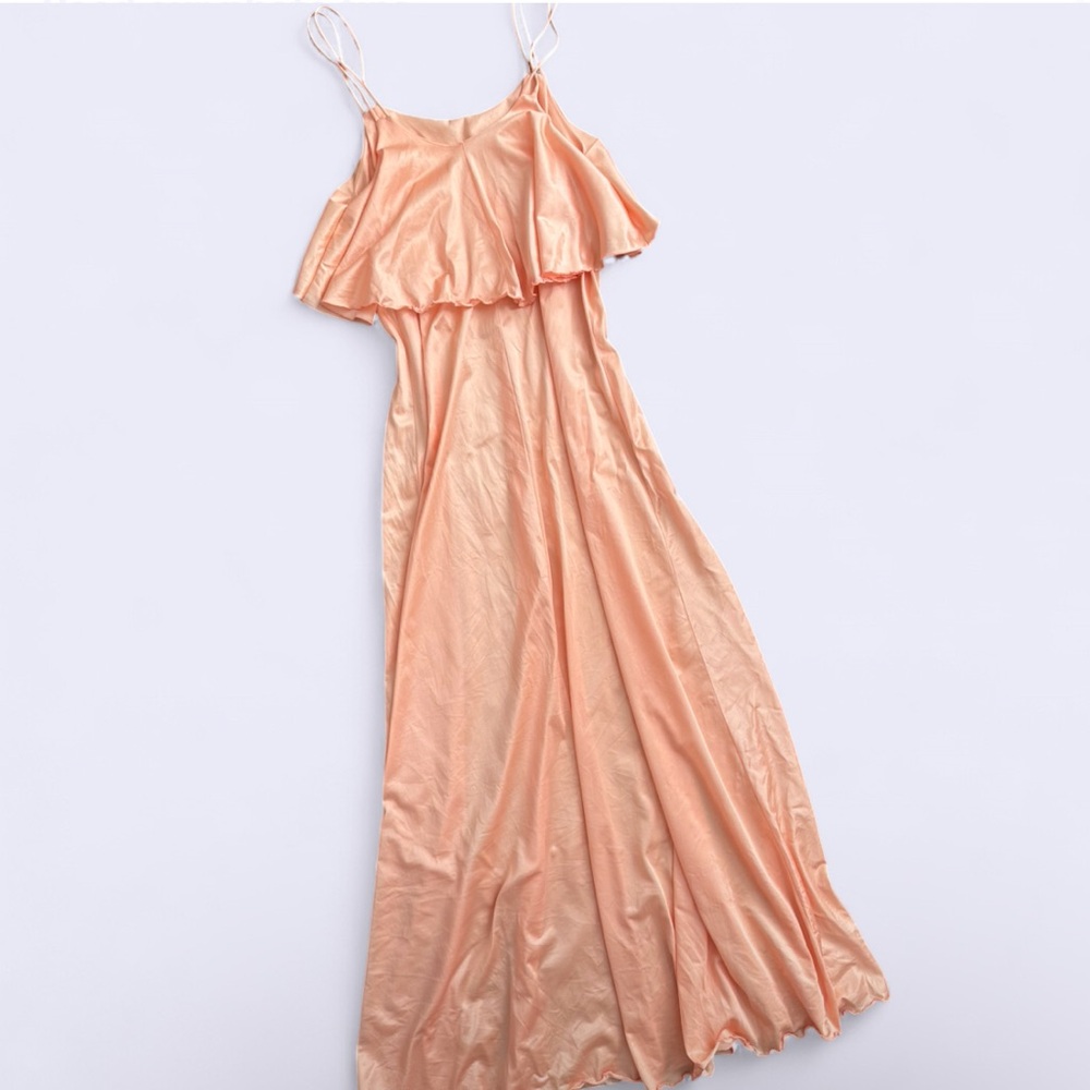 Vintage Cattani Apricot Maxi Slip Dress Nylon Ruffle Bust Made in USA (Size S)